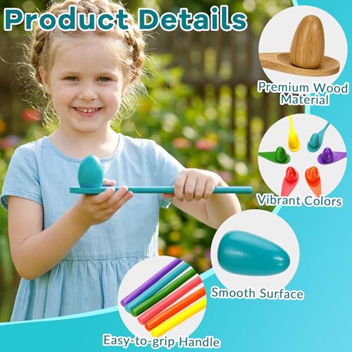 12 Pcs Easter Egg and Spoon Race Game Set, 6 Players Carnival Egg and Spoon Relay Game, Wooden Egg Spoon Balance Carnival Games for Easter Birthday Holiday Outdoor Family Activities