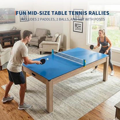 7 ft Pool Table Combo,3 in 1 Pool, Dining, & Table Tennis with Full Accessories,HDF Wood Grain Finish & Chrome Accents - color: Blue
