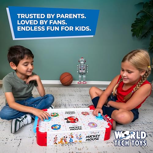 Disney Mickey Mouse, Minnie, Donald, Daisy & Goofy Air Hockey Table for Kids - Wooden Tabletop Game with Puck, Pushers & Air Flow System - Disney Licensed - 4+