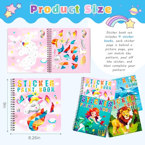 homicozy 4PCS Sticker Paint Books for Kids Ages 4-10,Unicorn Mermaid Animals Designs Paint By Stickers,Sticker By Numbers,Party Birthday Gifts for Girls 4-10,Create 40 Pictures One Stickers at A Time - style: Style1-4PCS