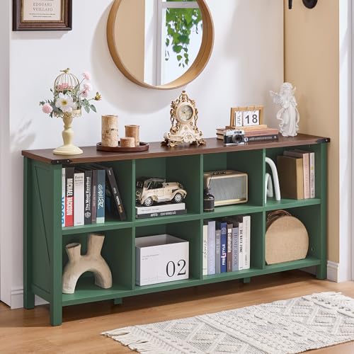 Joaxswe 8 Cube Storage Organizer, Farmhouse Green 62 Inch Wide Horizontal Bookshelf, Wooden 2 Tier Display Book Shelf, Rustic Low Book Case for Living Room (Green, 8 Cube (13.6" D x 62" W x 29.7" H)) - color: Green, size: 8 Cube (13.6"D x 62"W x 29.7"H)