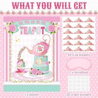 Faccito Tea Party Games Pin The Lid on The Teapot with 24 Lid Stickers Pink Blindfold Floral Poster Pin Games Set Birthday Decorations for Women Let's Par Tea Birthday Party Activity Supplies - style: Tea