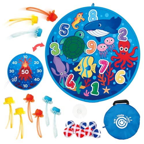 Grip Kids Ocean & Volcano Theme Double-Sided Dartboard Target Game – 26" Large Dart Board with Sticky Balls & Jellyfish Toss Balls, Indoor/Outdoor Fun Party Game Toy for Kids Ages 3–12