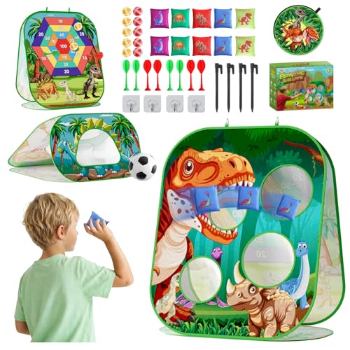 4-in-1 Dinosaur Bean Bag Toss Game for Kids, Cornhole & Dart Board Set for Toddlers, Outdoor Toys for Family Party, Backyard, Beach & Lawn Activities, Gift for Boys and Girls Ages 3 4 5 6 7 8 - color: Dinosaur