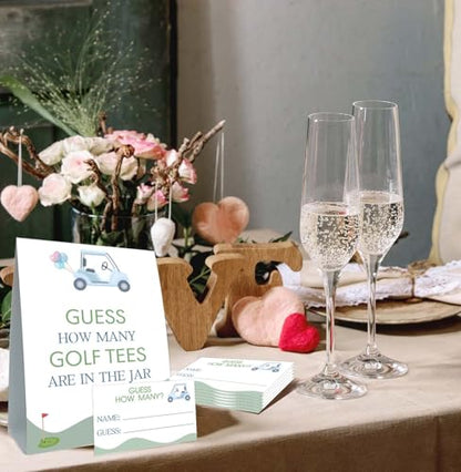 GOLF Brithday Decorations, Guess How Many Golf Tees Are in the Jar, Suite for Birthday Party Bridal Shower Wedding Activit, 50 Cards and Sign - size: 5" x 7" (sign), 3.5" x 2" (guess cards)