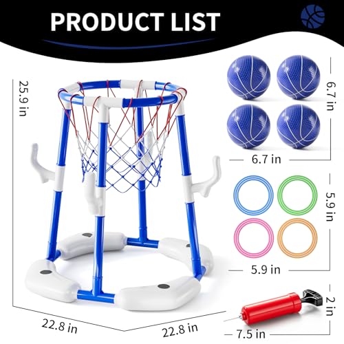 2-in-1 Pool Basketball Hoop & Ring Games with 4 Balls 12 Rings and Pump, Summer Water Outdoor Party Swimming Pool Toys Games for Kids Ages 4-8 8-12 Adult, Family Water Party Birthday Games Toys - style: 2-in-1 Pool Basketball Hoop（Blue）