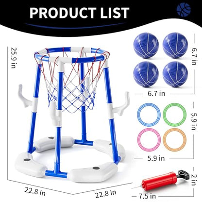 2-in-1 Pool Basketball Hoop & Ring Games with 4 Balls 12 Rings and Pump, Summer Water Outdoor Party Swimming Pool Toys Games for Kids Ages 4-8 8-12 Adult, Family Water Party Birthday Games Toys - style: 2-in-1 Pool Basketball Hoop（Blue）