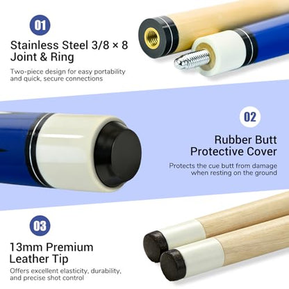 HMQQ 58 Inch Pool Cue Sticks Set, 2/4/6 Pack 20 oz 2-Piece Billiard Cues with 13mm Leather Tips, Matching House Cue Set for Adults, Home Tables, Bars & Group Play - size: Set of 6
