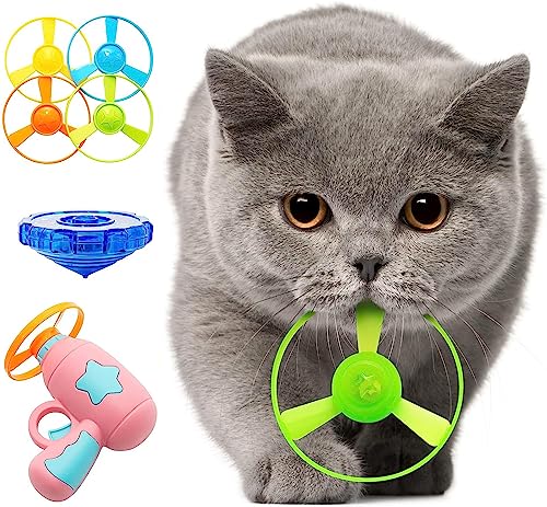 Cat Fetch Toy, Interactive Flying Cat Toy with 1 Light Up Spinning Tops, 1 LED Propellers and 4 Flying Propellers,Kitten Tracks Toy for Training Hunting Chasing(Pink) - color: Pink