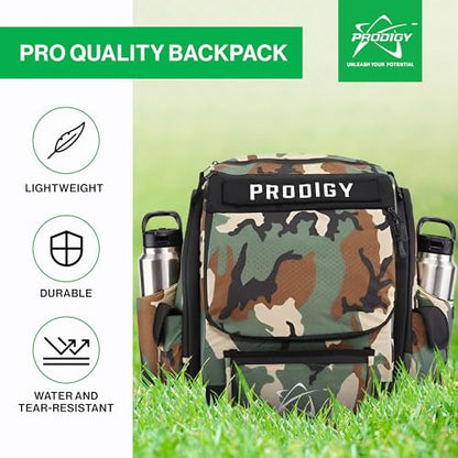 Prodigy Disc BP-1 V3 Disc Golf Backpack | Backpack Storage with 30+ Disc Capacity | Disc Golf Backpack Bag | Tear & Water Resistant | Golf Accessories for Men | Large Golf Disc Bags - color: Green Camo