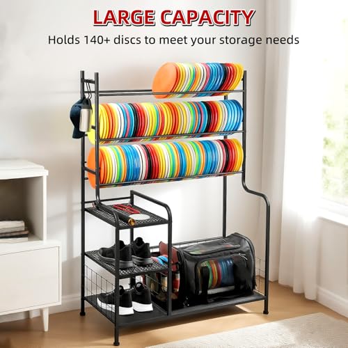 Disc Golf Storage Rack, Large Capacity Metal Organizer with Hooks for Sports Equipment, Holds 140+ Discs