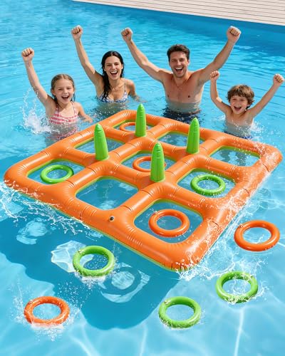 4.9FT Giant Inflatable Tic Tac Toe Pool Game – 2-in-1 Ring Toss Pool Toys for Adults Kids, Floating Summer Pool Party Games for Family, Beach, Backyard (2–10 Players)