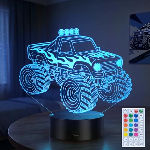 Monster Truck 3D Night Light, Monster Truck Gifts | 16 Colors Illusion Lamp, LED Dimmable Timer, for Boys Kids Birthday Christmas Toys Room Decoration - color: Truck