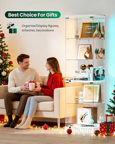 Lvifur Curio Display Cabinet - with Glass Door,5-Tier Glass Display Case with RGB Motion Sensor Light, Lockable Figure Display Case with Removable Glass Shelf for Collectibles,White - color: White-rgb Light