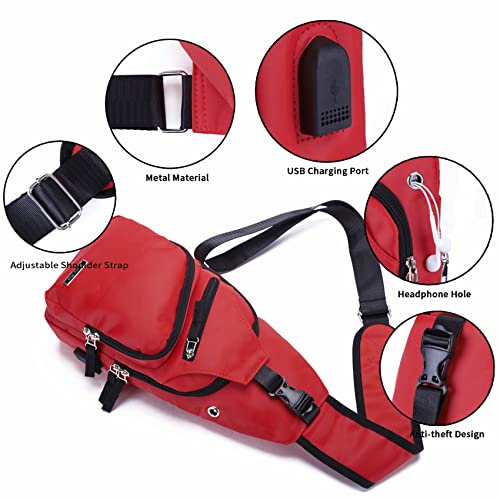Seoky Rop Men Women Sling Backpack Nylon Water Resistant Shoulder Chest Crossbody Sling Bag with USB Charging Port - color: Watermelon Red