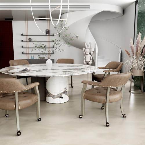 Set of 4 Dining Chair with Casters, Accent Captains Chairs with Wheels & Arms,Wheeled Roller Wood Chairs for Kitchen & Game Poker Table,Antique Grey&Light Wheat(NO Table!) - color: Antique Grey&light Wheat