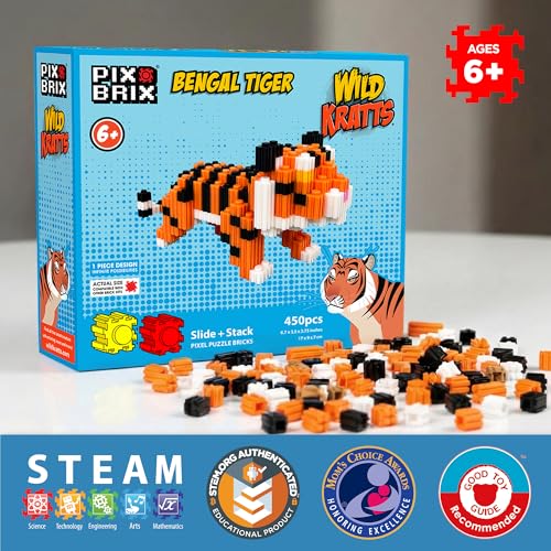 Pix Brix - Pixel Art Kit - Bengal Tiger, 450 Pieces - Patented Slide + Stack Pixel Puzzle Building Bricks, Build & Collect Animals - Stem Toys, Ages 6 Plus - style: Bengal Tiger