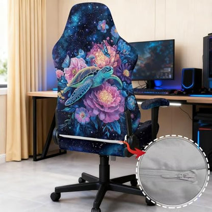Suobstales Galaxy Turlte Butterfly Flower Pattern Gaming Chair Covers Slipcovers Non Slip Office Desk Chair Cover with Armrest Covers, Stretch Computer Chair Cover Ergonomic Rotating Game Chair Covers - color: Galaxy Turlte Butterfly Flower