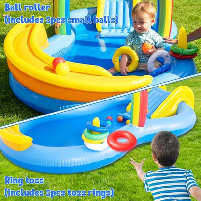 Inflatable Swimming Pool with Water Slide, Inflatable Play Center with Spray Water, Toss Ring, Ball for Outdoor Backyard Garden Water Park - size: 86.5"