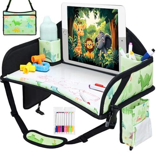 Kids Travel Tray, Car Seat Tray for kids Travel, Toddler Road Trip Essentials With Drawing Kit, Toddler Lap Desk Organizer for Car, Carseat Table for Airplane - color: Green