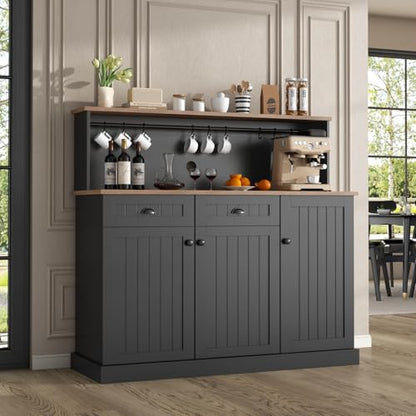 Gyfimoie Sideboard Buffet Cabinet with 2 Drawers, Farmhouse Kitchen Pantry with Adjustable Shelves, Coffee Bar Cupboard Cabinet with 3 Doors for Kitchen, Dining Room (Black) - color: Black