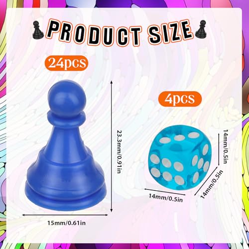 28pcs Multicolor Board Game Pieces, Game Pawns Include 24 Chess Pieces and 4 Dices Game Pieces for Board Games Plastic Chess Checkers Game Components Table Marking