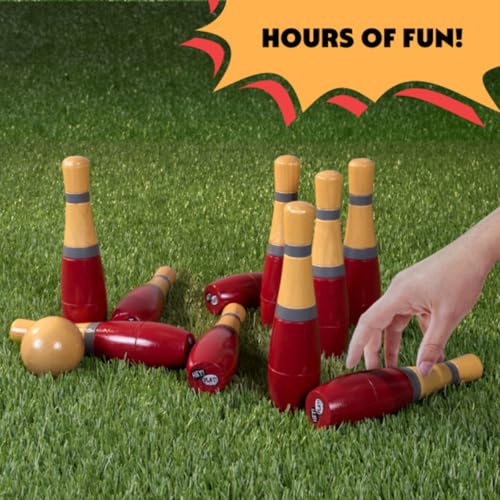 Wooden Lawn Bowling - Adults and Kids Bowling Set with 10 Pins, 2 Balls, Carry Bag - Indoor and Outdoor Games - Skittle Yard Games (Red) - color: Red & Gray