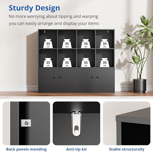 Cozy Castle Black Wood Bookcase, 12 Cube Display Shelf with 4 Doors, 3 Tier Open Bookshelf with Adjustable Shelves for Living Room, Home Office, Entryway - color: Black