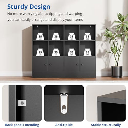 Cozy Castle Black Wood Bookcase, 12 Cube Display Shelf with 4 Doors, 3 Tier Open Bookshelf with Adjustable Shelves for Living Room, Home Office, Entryway - color: Black
