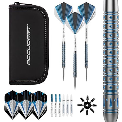 Accudart Steel Tip Dart Set 6.0 – 80% Tungsten Barrels, Gem Cut Pixel Grip, Polycarbonate Shafts, Standard Flights, 6” Synthetic Leather Case – Precision Steel‑Tip Darts