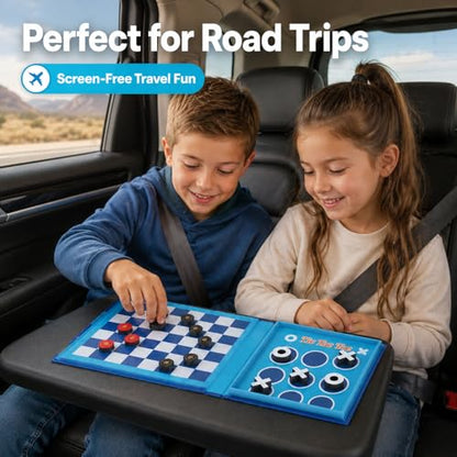 2-in-1 Travel Checkers and Tic Tac Toe Game for Kids Ages 8-12, Magnetic Checkers Board Game, Foldable Road Trip and Plane Activities - color: Checkers