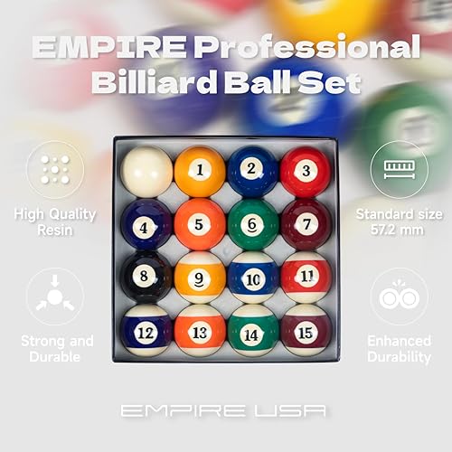 Empire USA Billiard Balls Set - 2.25” Regulation Pool Balls Set with Cue Ball, Durable Resin Billiard Ball Set for Standard Pool Tables