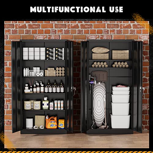 Greenvelly Storage Cabinet, 72” Black Garage Steel Locking Cabinet with Doors and 4 Adjustable Shelves, Tall Lockable File &Tool Cabinet for Home Office, Metal Classroom Cabinet Basement - color: Black, style: 72"H