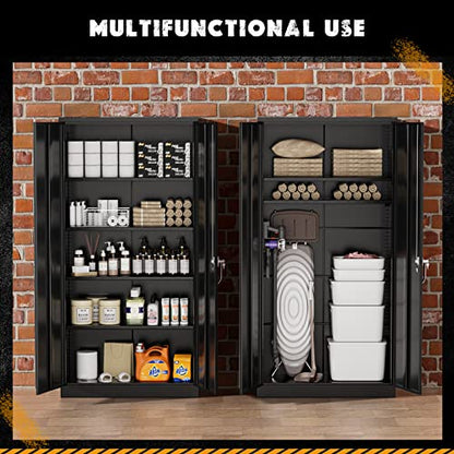 Greenvelly Storage Cabinet, 72” Black Garage Steel Locking Cabinet with Doors and 4 Adjustable Shelves, Tall Lockable File &Tool Cabinet for Home Office, Metal Classroom Cabinet Basement - color: Black, style: 72"H