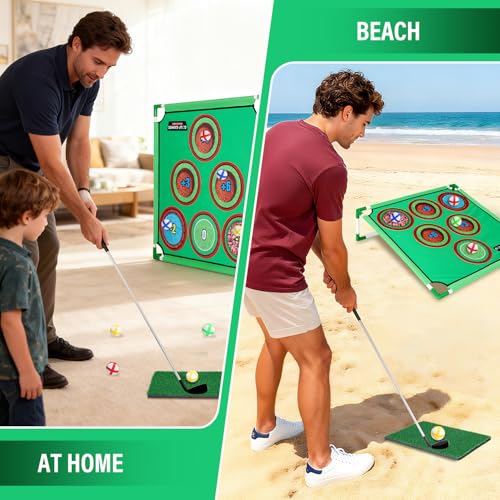 34 Pcs 3-in-1 Battle Golf Game Set with Stand & Club, Jumbo 32" x32“ Chipping Game Mat with 20 Sticky Balls, 6 Hole Covers, Indoor Outdoor Backyard Golf Game Kit, Ideal Gift for Family