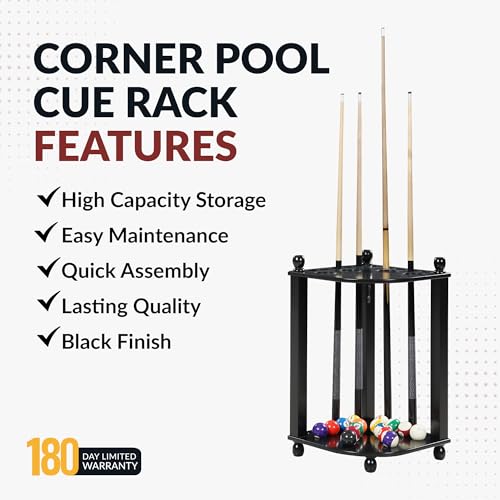 Hathaway Regent 28-in Corner Floor Pool Cue Rack – Solid Wood Billiard Cue Rack with Built-in Drink Holders & Triangle Hook – 10 Pool Stick Holder & Full Ball Set – Black Veneer Finish