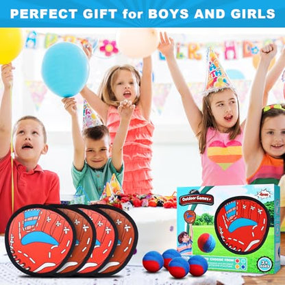 Toss and Catch Ball Game Set for Kids Ages 3-12, 4 Paddles & 4 Sticky Balls, Outdoor Baseball Training Toy for Backyard, Beach, Pool, Birthday Gift for Boys Girls