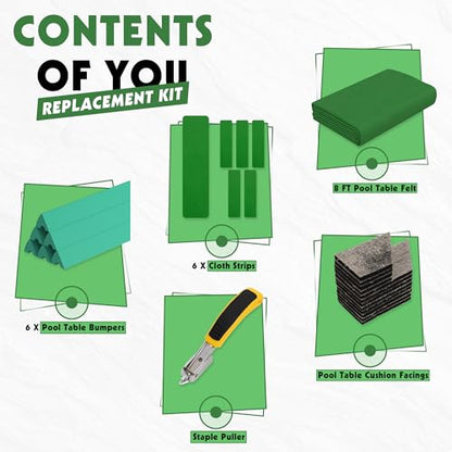 Pool Table Felt and Bumper Kit Felt for Billiard Cloth with Pool Table Bumpers and Cushions Facing, 6 Pcs Cloth Strips and Staple Remover - color: Green, size: 8FT + 42'' Bumpers