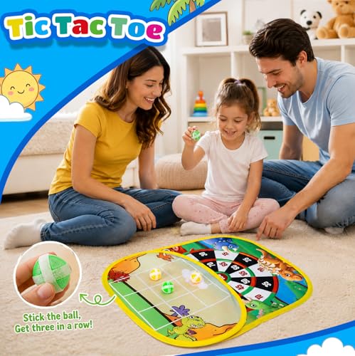 3 in 1 Bean Bag Toss Game for Kids, Dinosaur Cornhole Board with Magnetic Dart Board, Sticky Ball Tic Tac Toe, Outdoor Toys for Kids Ages 3-8, Backyard Beach Party Games Birthday Gifts for Boys Girls