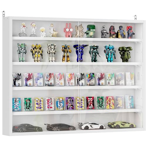 HOMCOM 5-Tier Display Cabinet, Glass Door Cabinet with Adjustable Shelves, Wall-Mounted Display Case for Playroom, Bedroom, White - color: White
