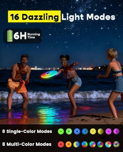 Xeuch Light Up Flying Disc, 175g, 16 Lighting Modes, 4 Brightness, 600mAh Rechargeable Battery, Built-in Timer and Sensor for Beach Camping Outdoor Games, Gift for Teens/Adults