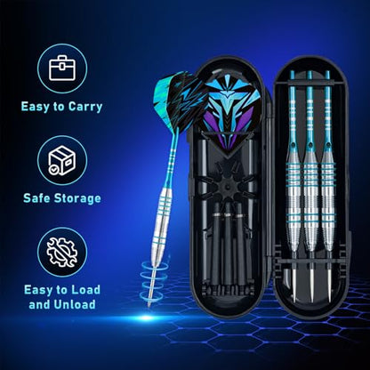 XAWU 3 Pack Steel Tip Darts Set Professional Darts 22g, 24g with 9 Dart Flights 3 Aluminum Shafts 3 Spare Shafts 1 Dart Sharpener 12 Rubber O-Rings Flight Protector and Darts Case - color: 24g Moonlight Blue