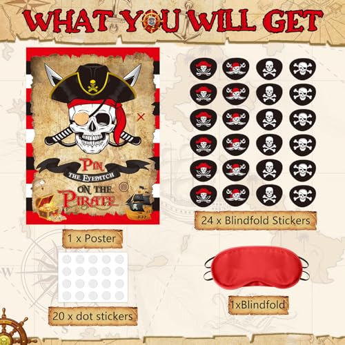 Faccito Pirate Party Games Pin The Eye Patch on The Pirates Birthday Decorations Pin Games Set Include Skull Poster 24 Stickers and Blindfold for Pirates Birthday Party Decorations Activities Supplies - style: Pirate