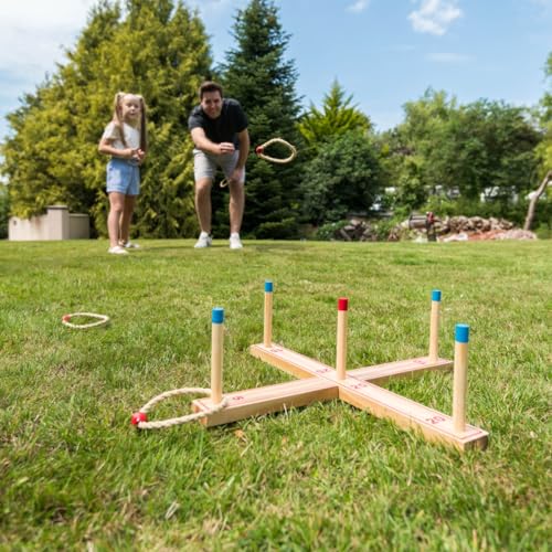 Ring Toss - Classic Throwing Game, Wood Set, 5 Stumps & Hoops, Indoor-Outdoor Play, Travel Bag, Party-Backyard Activity, Family Age 3+
