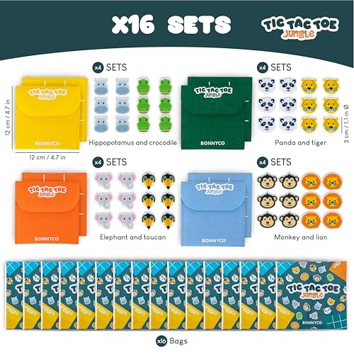 BONNYCO Tic Tac Toe Game Pack 16 Jungle Animals Kids Party Favors. Safari Goodie Bags Stuffers for Kids 3-5 4-8, Goody Bag Stuffers Pinata. Return Gifts for Birthday Party, Mini Games Bulk Travel