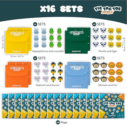 BONNYCO Tic Tac Toe Game Pack 16 Jungle Animals Kids Party Favors. Safari Goodie Bags Stuffers for Kids 3-5 4-8, Goody Bag Stuffers Pinata. Return Gifts for Birthday Party, Mini Games Bulk Travel