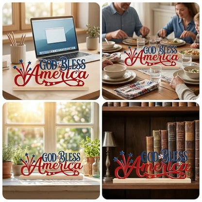 God Bless America Patriotic Decorations Metal Table Sign 4th of July Table Decor Independence Day Tabletop Centerpiece Memorial Day Farmhouse Tiered Tray Decor for Home Mantel Office - style: God Bless America