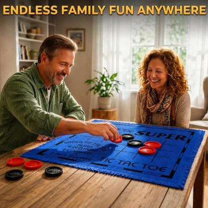 Yarlung Giant Checkers Set Tic Tac Toe Game, 3 in 1 Jumbo Checkers Game Board for Family Camping, Yard, Lawn Games, 2 Players, Blue Reversible Rug