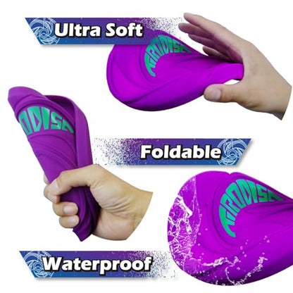 AMAZING TOYZ Tirodisc Frisbee 2-Pack- 20cm Easy Catch Foldable Pocket Flying Disc, Soft Silicone for Kids/Adults Beginner, Waterproof Beach Pool Outdoor Gift Age3+ - color: Purple and Yellow