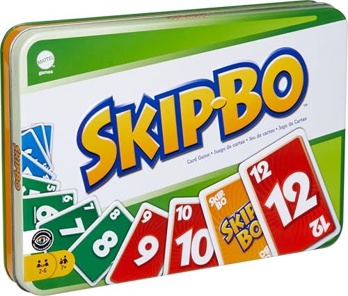 Mattel Games Skip Bo Card Game in Decorative Tin with 162 Cards, Sequencing Family Game for 2 to 6 Players, Kids Gift for Ages 7 Years & Older (Amazon Exclusive) - style: Skip-Bo